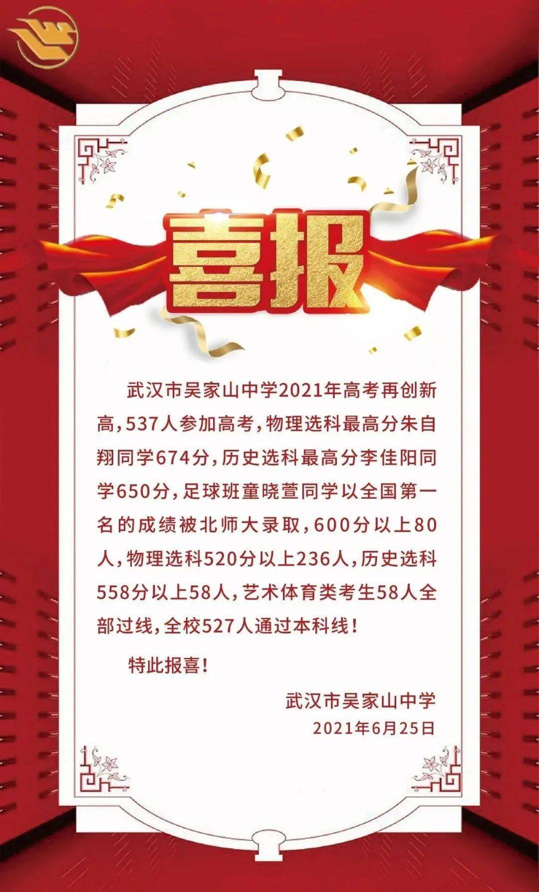 东西湖吴家山中学2021年和2020年高考喜报对比