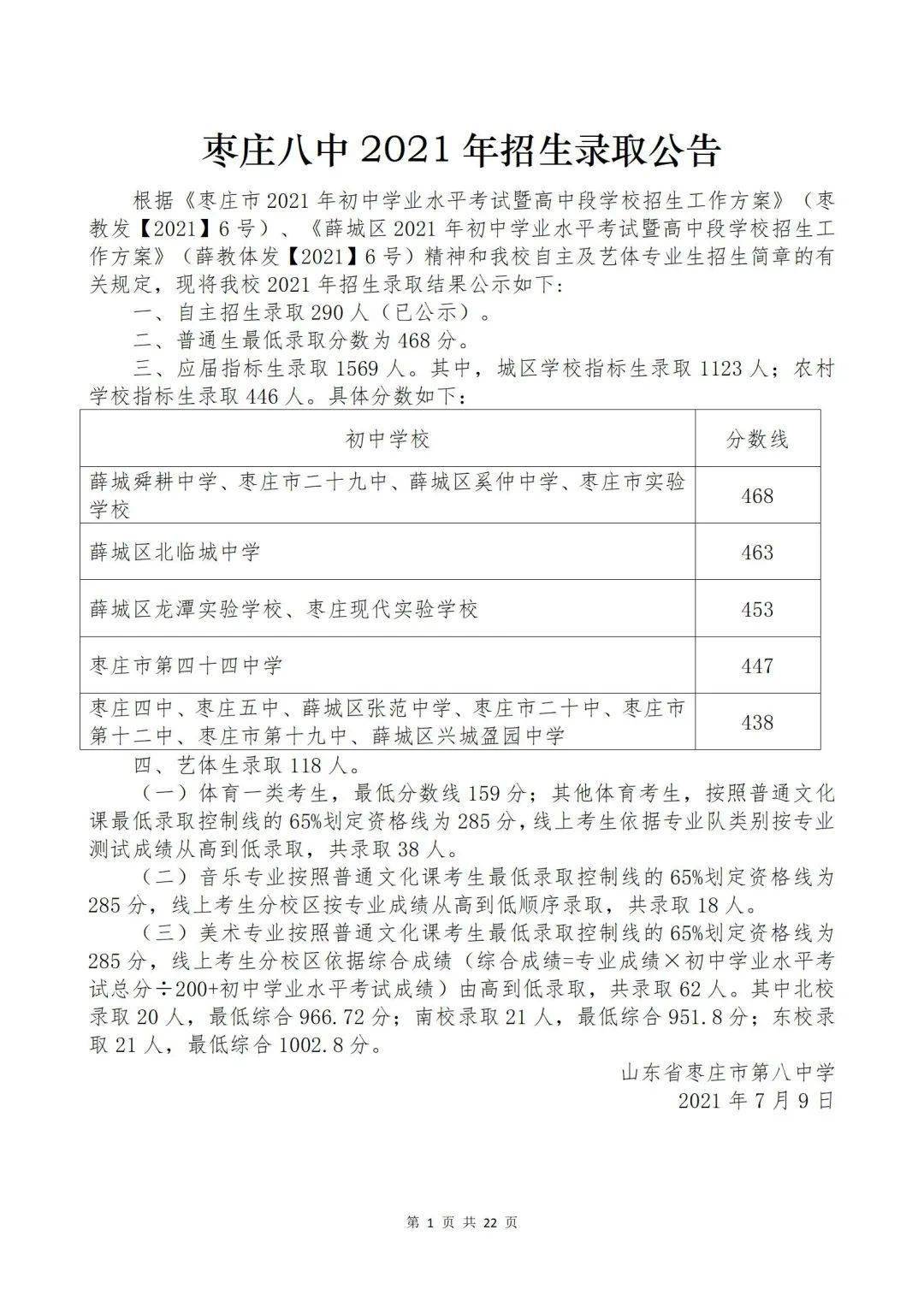 枣庄八中2021年招生录取公告含录取名单