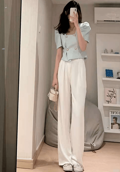 白色阔腿裤就要这样搭配,显高显瘦还时尚!_深蓝色
