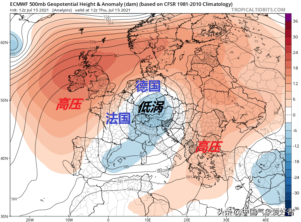 一个强势的低涡系统正在欧洲上空活动,而高压在东欧和北大西洋上隆起