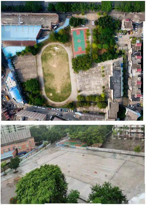 泽英小学运动场原貌(上)和改造施工现场(下)预计在9月新学年开学前