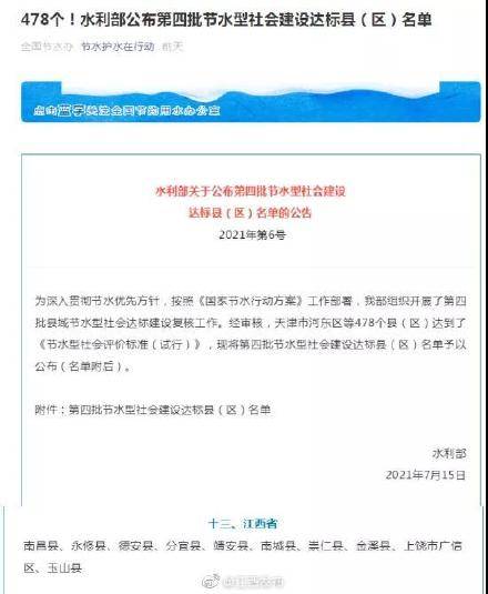 南昌县等10县 市 区 获得水利部第四批节水型社会建设达标县 区 称号 我省