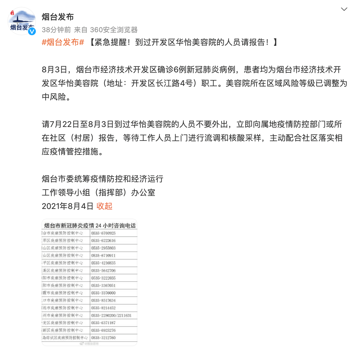 人员|烟台发布紧急提醒：昨日报告6例确诊，这些人员不要外出！