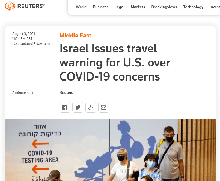 United|Israel issues travel warning for U.S. over COVID-19 concerns