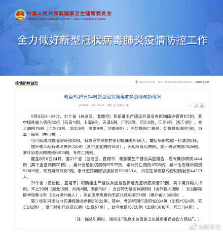 感染者|8月6日新增确诊病例107例 其中，8月6日新增本土确诊病例75例