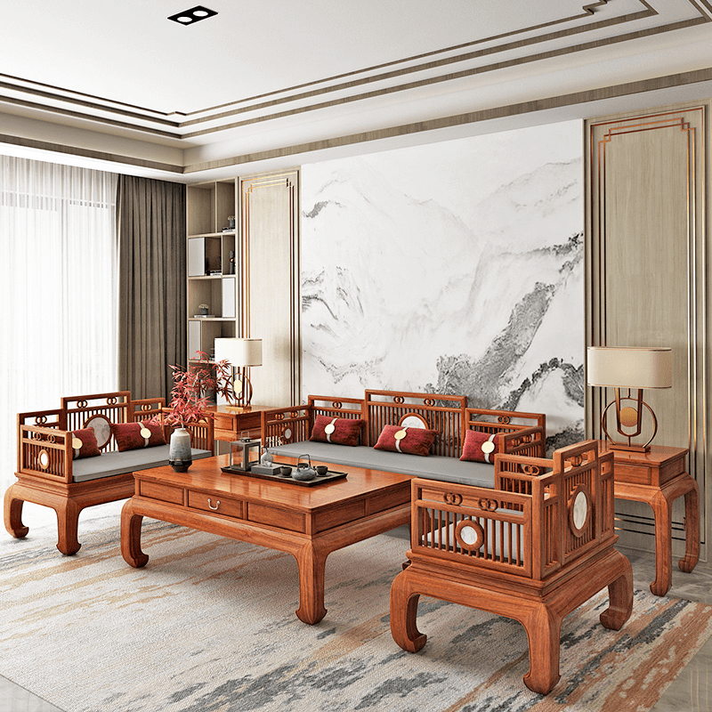 红桥红嵌云石城市客厅明式沙发