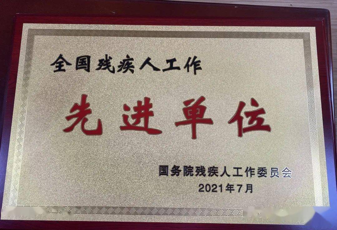 "全国残疾人工作先进单位"荣誉证书和奖牌各一块,沉甸甸的奖牌和证书