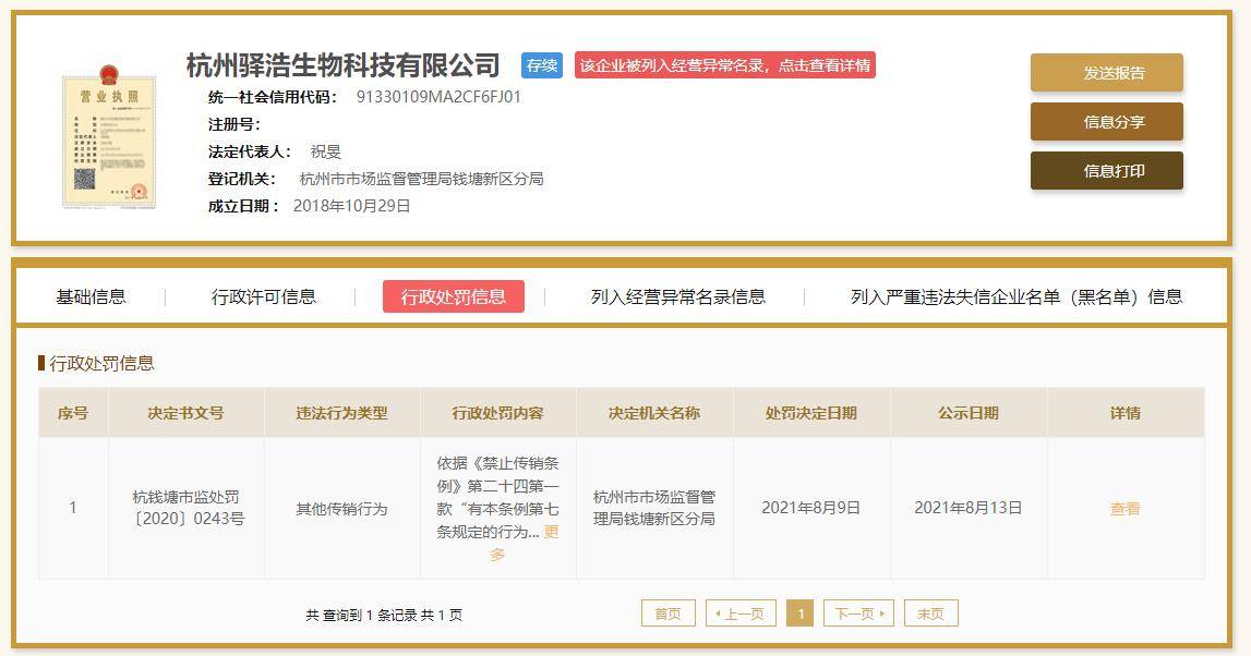 杭州驿浩生物科技公司被罚 违法类型为其他传销行为(图1)
