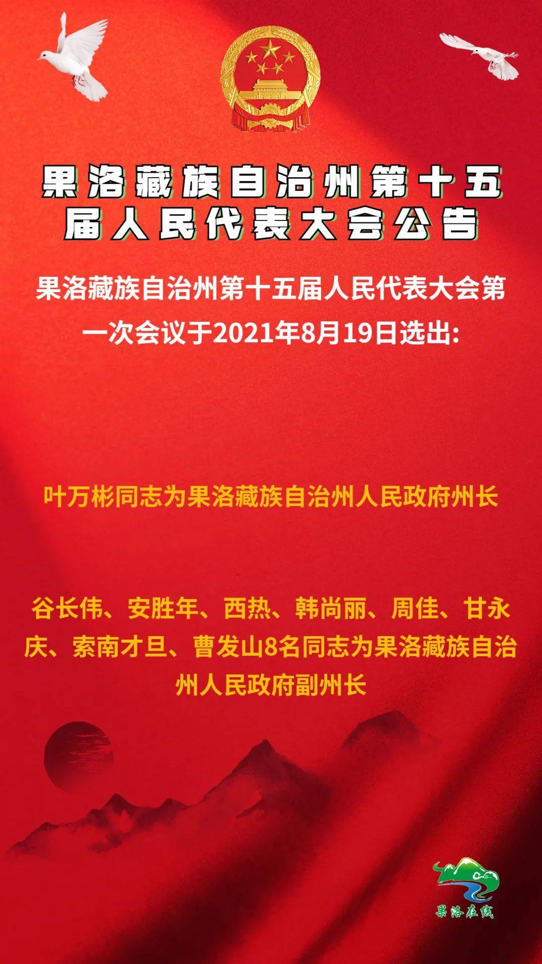 谷长伟,安胜年,西热,韩尚丽,周佳,甘永庆,索南才旦,曹发山8名同志为