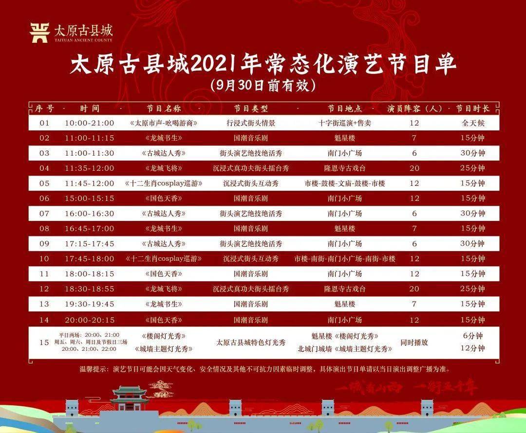 太原古县城灯光秀表演时间调整9月常态化演艺节目单请您查收