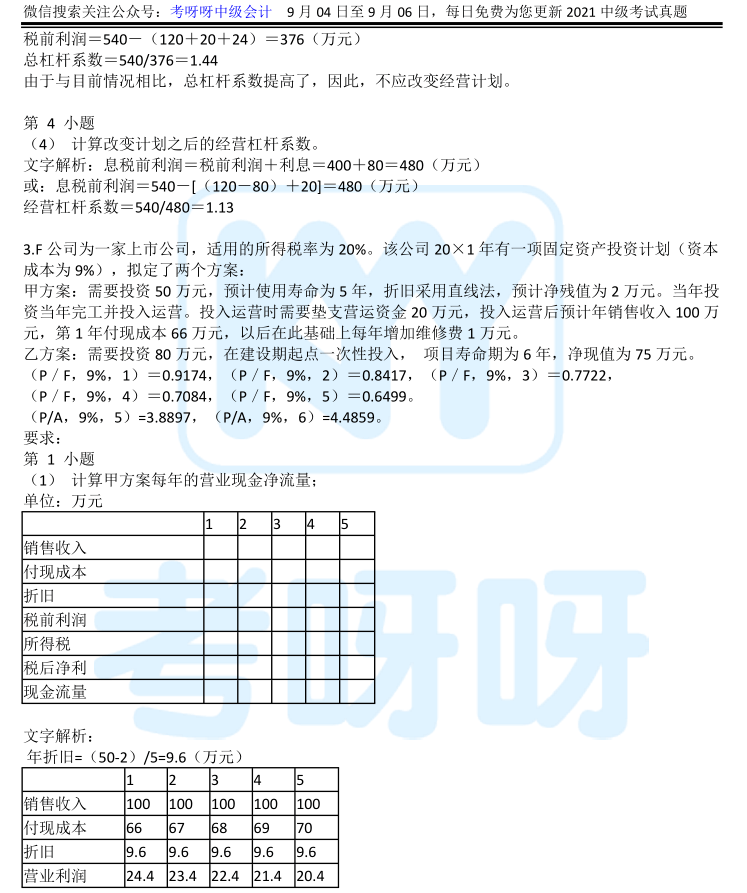 答案及解析2021年9月4日第一场中级会计职称《财务管理》考试已经结束