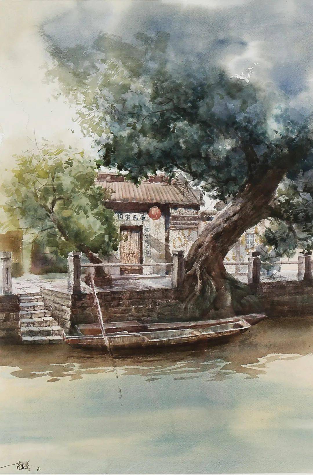 《清晨水乡》60x80cm 油画 2021余小娟《美丽村居》53x35cm 水彩 2021