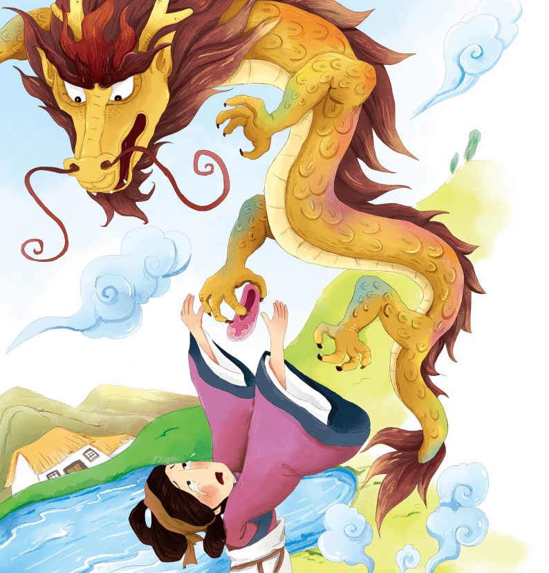 母亲看见了,还以为是妖怪抓走了女儿,就拼命地抓住龙爪不放,但是龙越