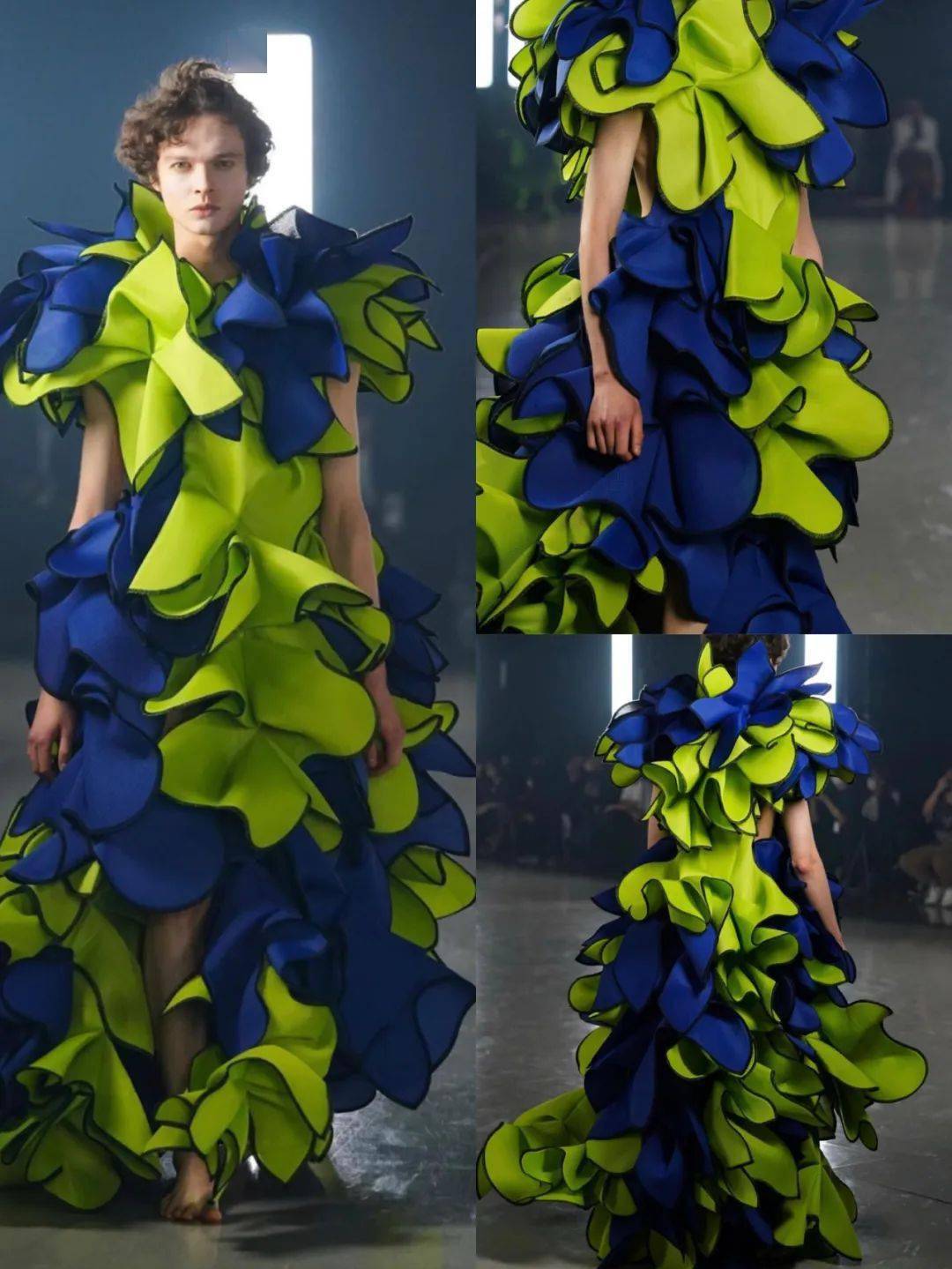 极具戏剧性和前卫感,通过轮廓扭曲多变的"艺术性"服装,探索自然与人类