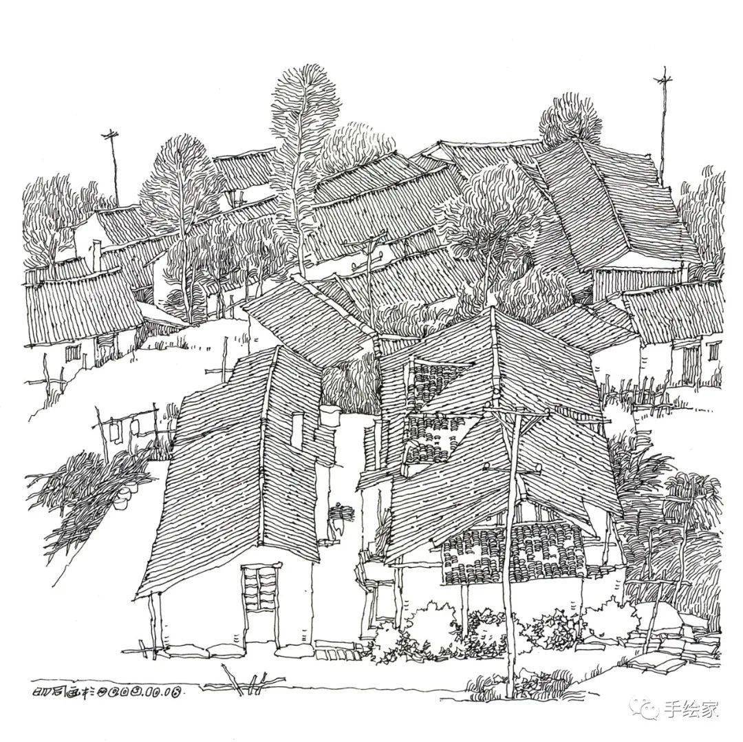 古村落建筑速写之一▲ 安徽南坪古村▲ 山村系列之二 62x23cm