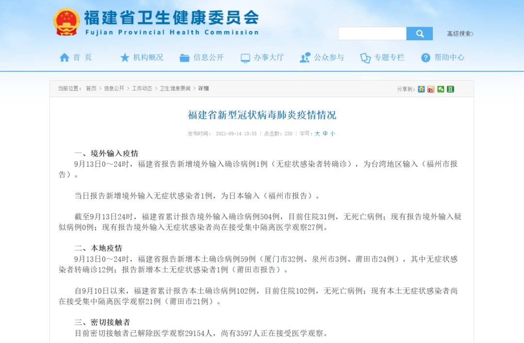 福建省新型冠状病毒肺炎疫情情况