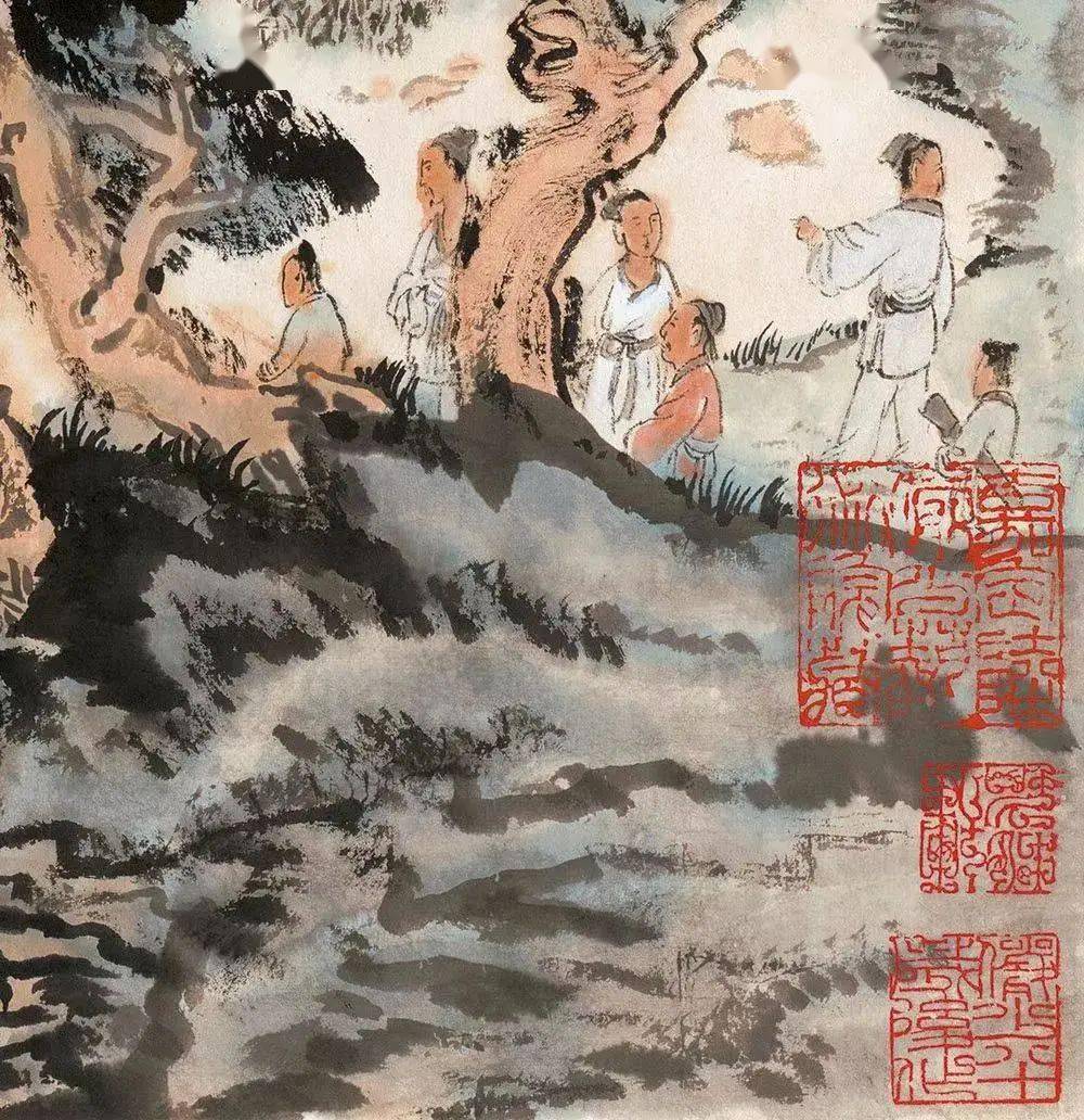 陆俨少八十岁写其意——暮春咏归图_孔子