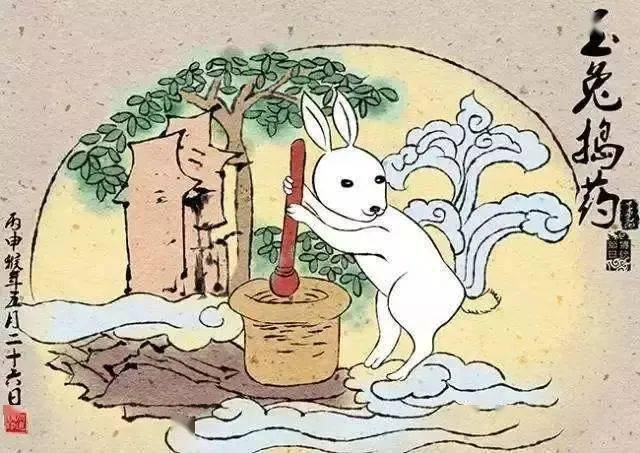 玉兔捣药相传月亮上的广寒宫前的桂树生长繁茂,有五百多丈高