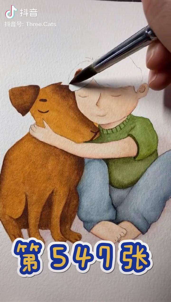 男孩和他的狗手绘水彩画画