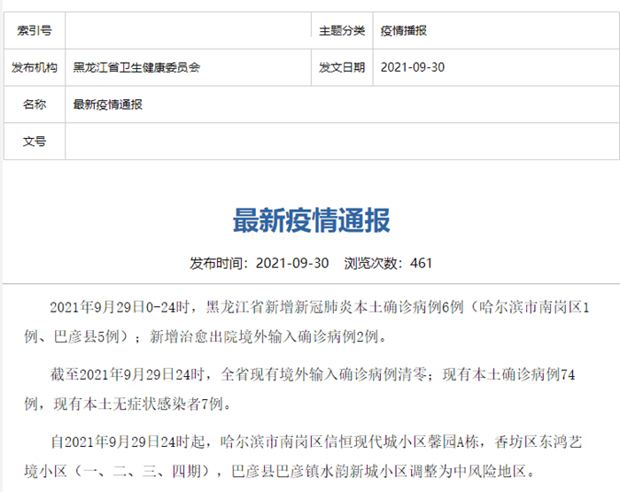 疫情|黑龙江29日新增本土确诊病例6例