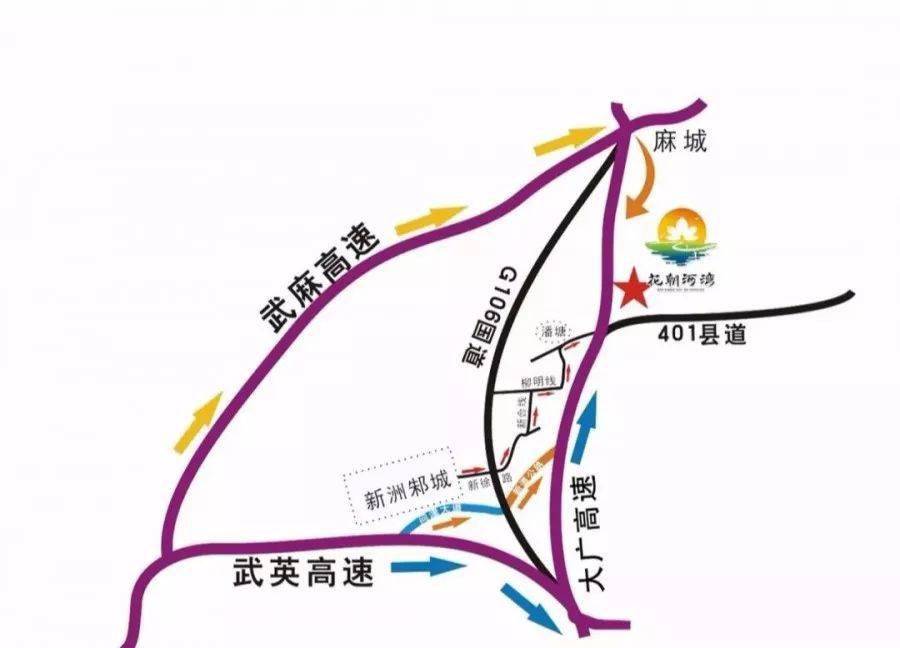 麻城上大广高速——铁门收费站下——左拐前行一公里——花朝河湾景区