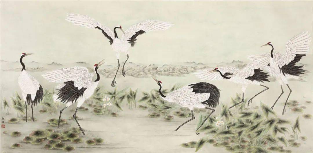 作品欣赏百鹤写真情百米抒胸臆百年颂党恩百鹤图惠永涛工笔画作品展