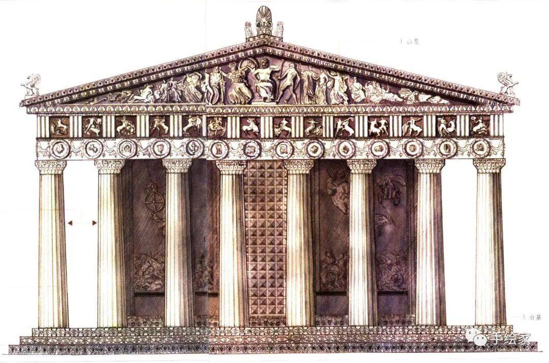 古希腊建筑手绘彩色图片
