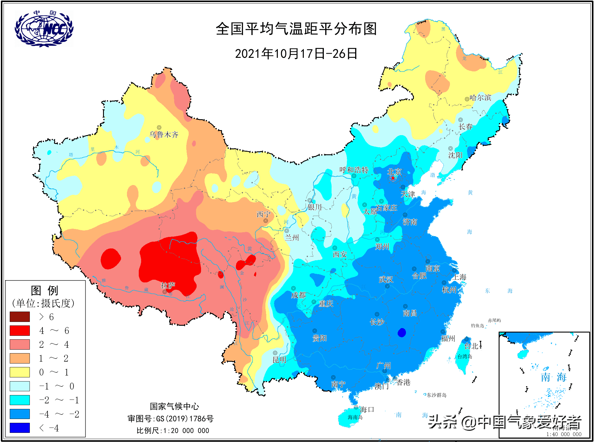 比如从中国气象局国家气候中心的全国平均气温距平分布图上看,最近10