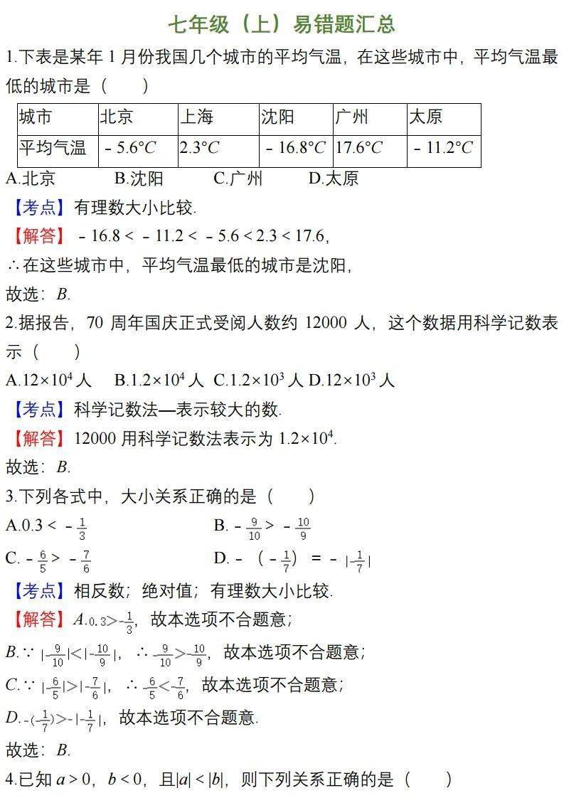 学期|初中数学上学期易错题汇总，七八九年级全