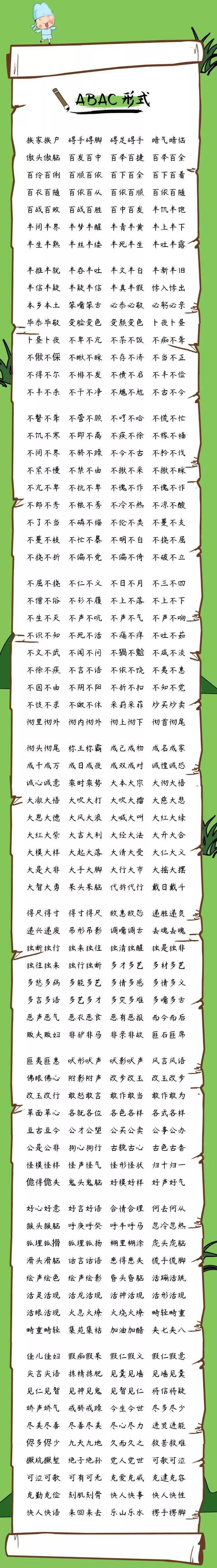 可打印丨期中必考成语汇总:aabc,abcc,aabb,abab,abac,aab,abb七种