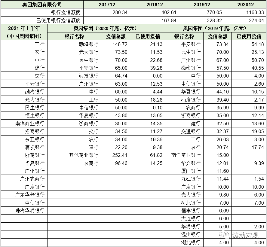 数量大幅减少，今年上半年则直接不披露授信金额、只披露往来银行名称。四、奥园系债务情况（一）带息债务规