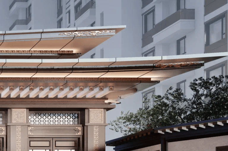 非常惊艳,示范区墙体沿袭大明宫帽檐形制,典雅的臻如府牌匾立于门头