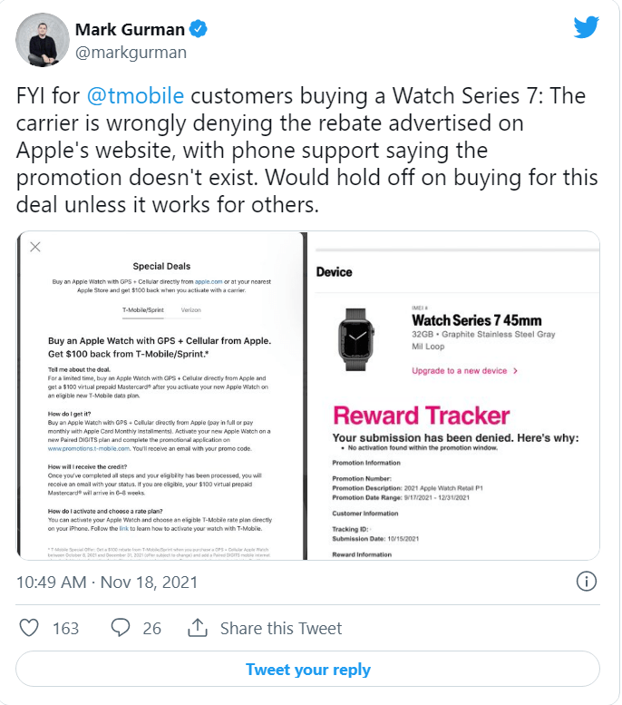 T-Mobile拒绝为部分Apple Watch Series 7退款100美元