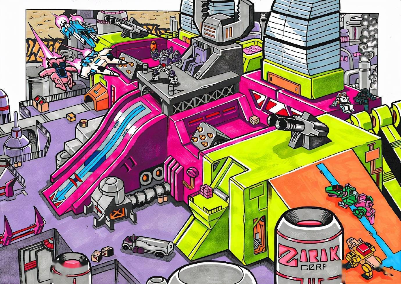 变形金刚猛大帅,铁甲龙,巨无霸福特,萨克巨人基地形态插画 67