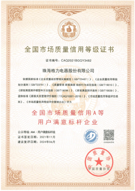 最高等级 格力电器蝉联 用户满意标杆企业 荣誉 中国质量协会