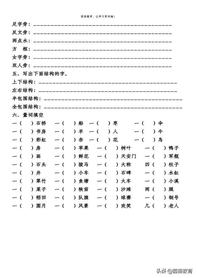 一年級下冊語文形近字,同音字,偏旁,結構,量詞專項練習