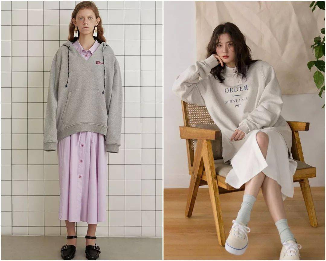 卫衣 t恤  卫衣叠穿最忌讳的就是显胖了. 轻薄的t恤这时候就该出场啦.