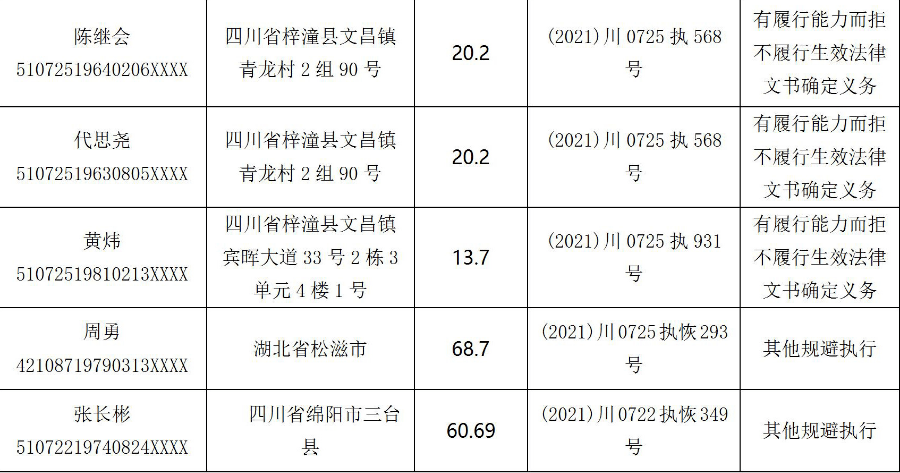 懲戒公告綿陽這些人公司被限制做這些事附姓名身份證號碼住址