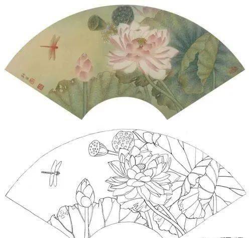 工笔白描扇面线稿
