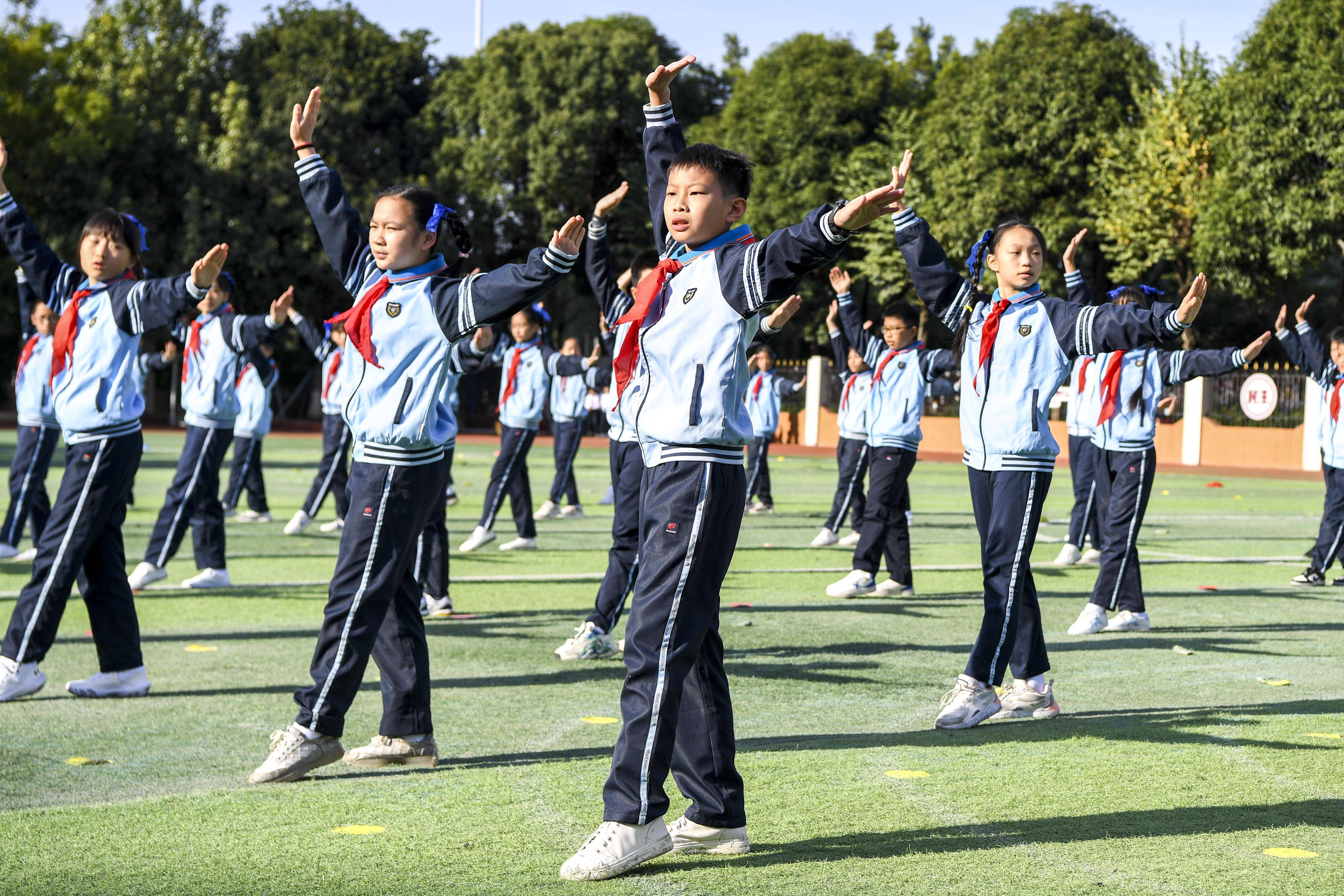 12月1日,南宁市滨湖路小学学生在进行武术表演.