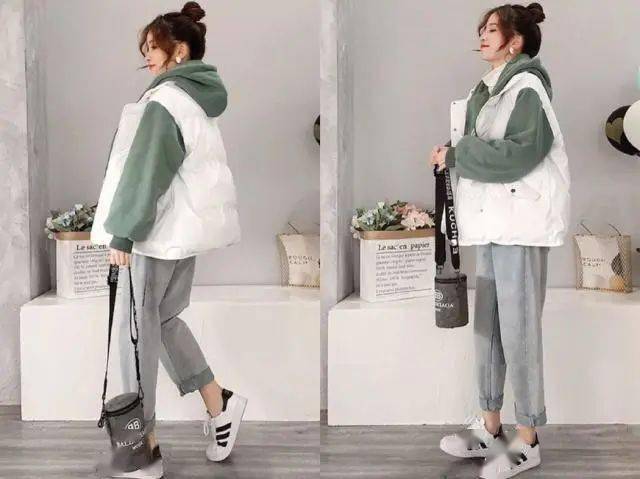 3,纯白色马甲 绿色连帽卫衣 灰色直筒裤米白色立领羽绒马甲就是给到你