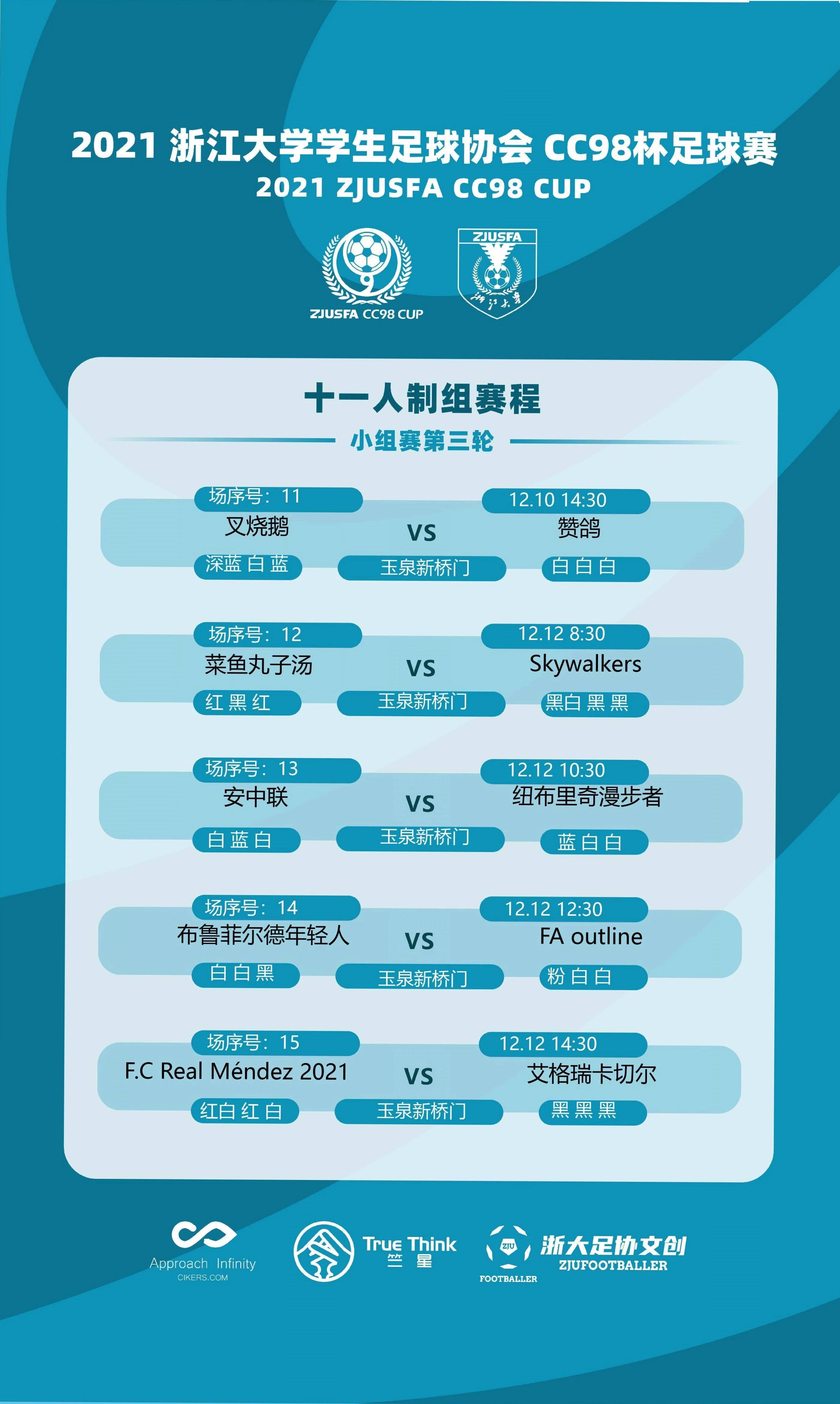 2021年浙江大学cc98杯足球赛小组赛第三轮赛程如下:(十一人制)