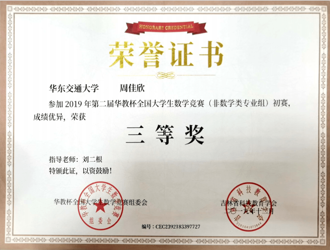 部分荣誉证书优秀共青团员等校级三好学生校级数学竞赛一等奖校级二等