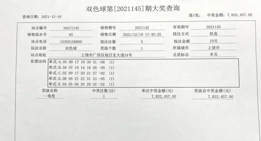 昨晚我省上饒彩民10元單式票擊中雙色球783萬元!_齊兌_一等獎_彩票