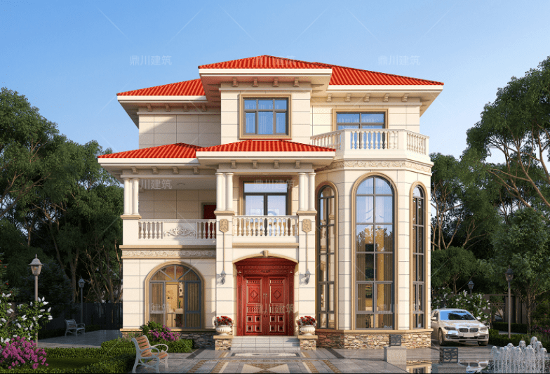 外观简约大气,结合现在的农村的经济水平,室内设计旋转楼梯,复式挑高