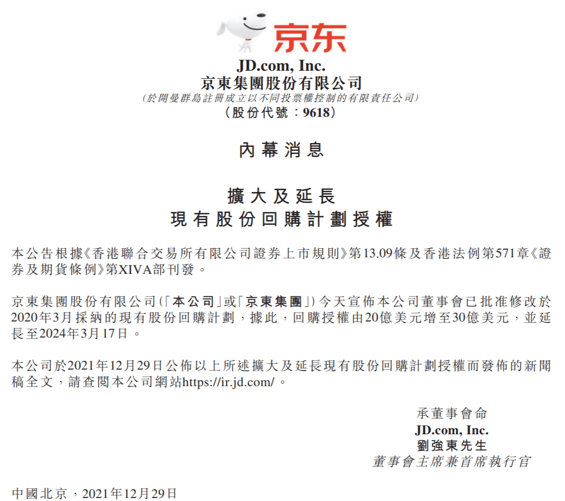 京東宣布修改回購計劃：回購授權增至 30 億美元 科技 第1張