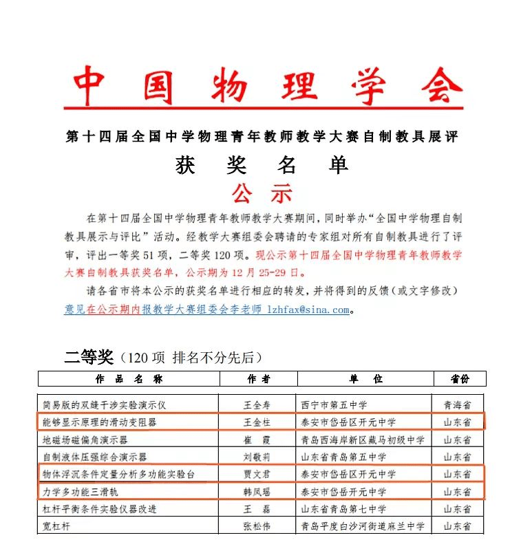 泰安开元中学三位教师获得全国中学物理青年教师教学大赛二等奖 王金柱 变阻器 贾文君