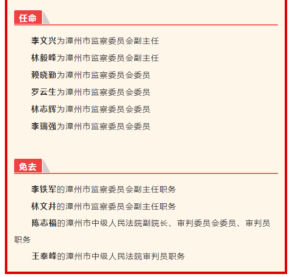 刚刚漳州任命35名一把手