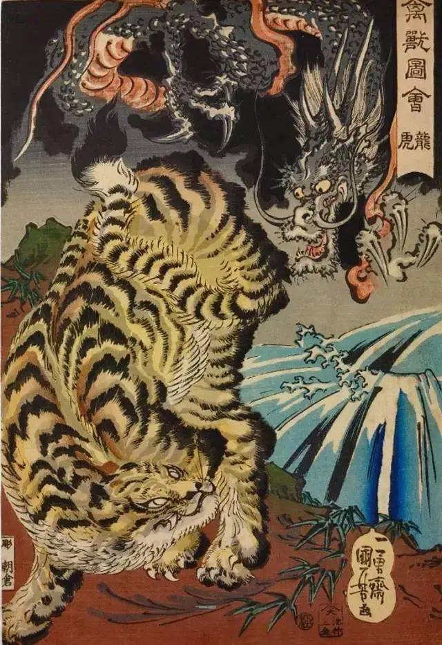 歌川国芳,《龙虎斗》在日本,阵羽织是象征武士身份的服装,虎的勇猛更
