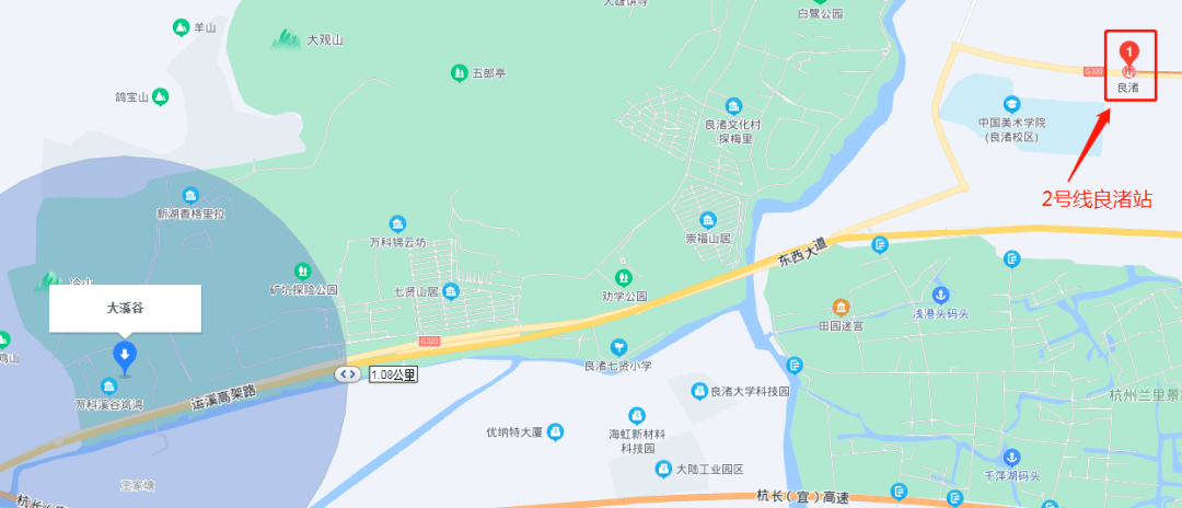 地图显示,大溪谷位于良渚文化村最西端,离地铁2号线良渚站和在建3号线